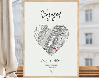 Personalized Engagement Map Print, Heart Location Gift