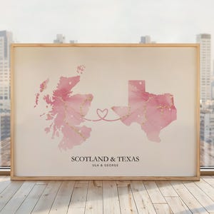 Aangepaste print van twee locaties, kaartkunst voor twee landen, kerstcadeau voor hem voor haar