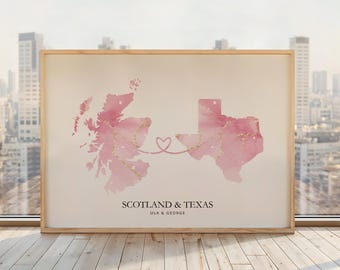 Custom Two Country Map Art Print, Personalized Location Gift