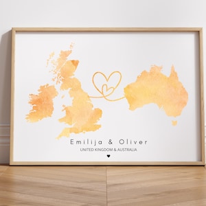 Mapa personalizado em aquarela, dois países quaisquer, impressão de mapa personalizada, arte de parede de país para país, tinta texturizada, arquivo digital