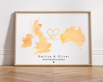 Personalised Watercolour Map Print, Two Countries, Custom Wall Art (Digital File)