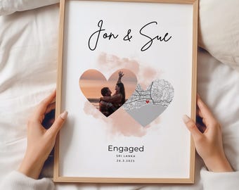 Personalised Engagement Map Print, Couple Photo Gift