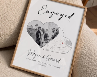 Op de afbeelding: Een ingelijste verticale print met het woord Engaged in zwarte schrijfletters bovenaan. Daaronder staan twee overlappende harten met een zwart-witfoto van een koppel en een kaart met een rood harticoon. De namen Megan & Gerard, de locatie Lough Eske Castle, Donegal, Ierland en de datum 29.10.2025 staan onderaan gedrukt.