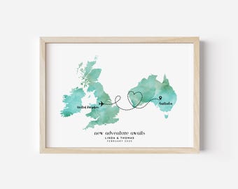 Moving Abroad Gift, Watercolor Map Art Print