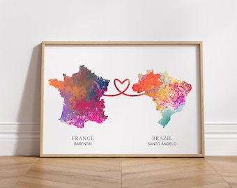 Custom Two Country Map Print, Personalized Location Art