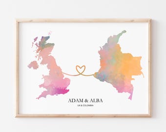 Custom Two Country Watercolor Map Print, Personalized Locations