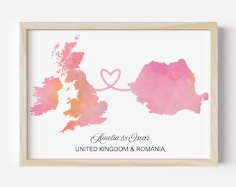 Custom Two Country Map Print, Personalized Watercolor Art