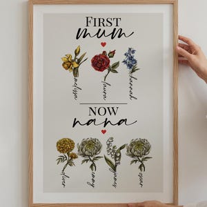 Stampa personalizzata First Mum Now Grandma, regalo di compleanno per la nonna, giardino della nonna, regalo per la festa della mamma per la nonna, stampa floreale del mese di nascita MG1