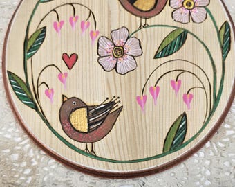 Wood Burned Bird Wall Hanging Robins and Flowers Bleeding Hearts Spring Decor Nursery Art