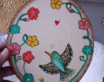 Wood burned Hummingbird in Nasturtium wooden sign plaque. Mother's Day Gift!  Wall decor.  Cottagecore SPRING home decor