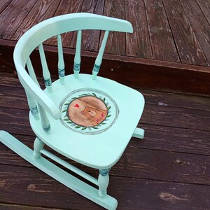Upcycled Wood Burned Child's Rocking Chair with bear mushrooms. Reading nook furniture. Woodland theme. Eco friendly sustainable GIFT
