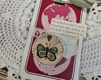 Altered Vintage Playing Card with a Wood Burned Embellishment for Junk Journaling Scrapbooking Card Making Paper Crafts Butterfly Moth