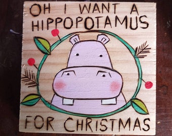 Wood burned HIPPOPOTAMUS Christmas Ornament. Unique gift idea.