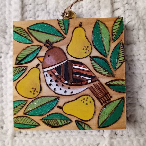 Wood burned Partridge in a PEAR Tree Christmas Ornament. Nursery Art wall decor