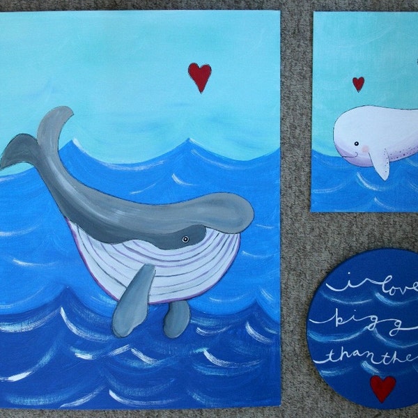 Trio of Whale Paintings OCEAN theme NURSERY ART Baby shower gift  Children Christmas Gift Sea Sealife