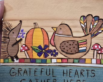 Wood burned THANKSGIVING sign.  Hand painted turkey and cornucopia decoration. Wooden  plaque.