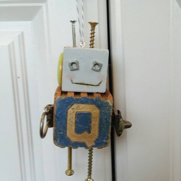 Letter Q Robot Christmas ornament or assemblage.  Found object art.