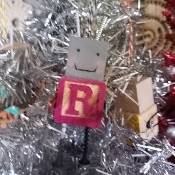 MINI Personalized ROBOT ORNAMENT Letter R assemblage Found Object Upcycled Christmas wall hanging Nursery Art wood burnedWooden ornament