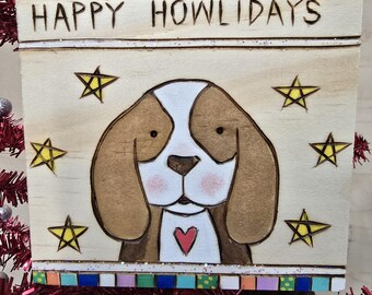 Adorable Wood Burned Beagle Puppy Dog Christmas Ornament. Happy Howlidays