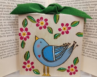 Pretty Wood Burned Bird and Spring Flowers Wall Hanging Nursery Art