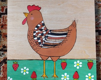 Sweet Wood burned Chicken Hen Rooster wall hanging. Strawberries. Nursery art. Farmhouse barnyard decor. GIFT IDEA.