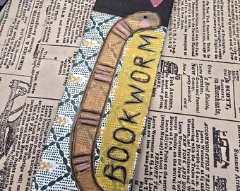 Upcycled Bookworm Bookmark. Wood Burned on a vintage book cover. Great gift