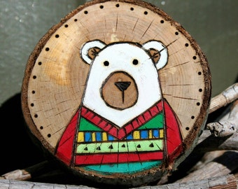 Wood burned Bear Christmas ornament. Ugly Sweater.
