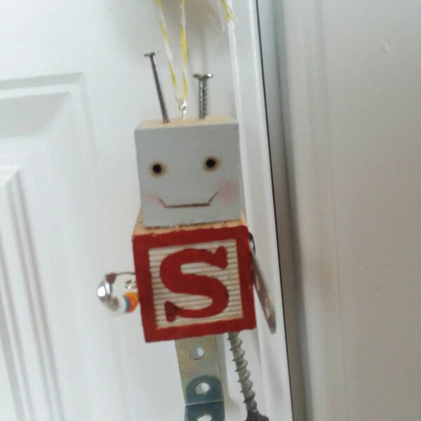 Letter S Robot Christmas ornament or assemblage.  Found object art.