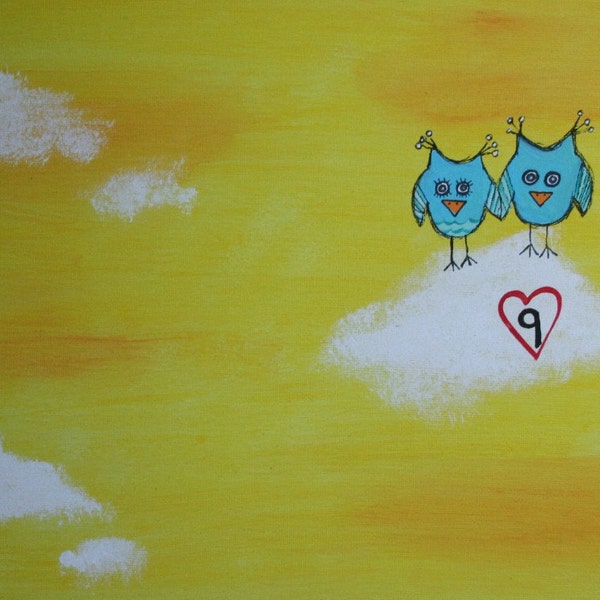 Original OWL Painting on 9 x 12 inch canvas board CLOUD 9  Anniversary Valentines day Christmas Nursery art home decor