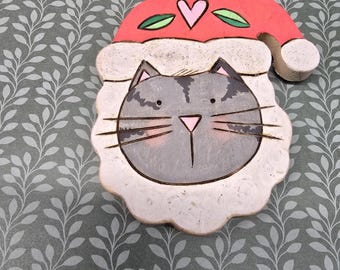 Wood burned Santa striped Kitty Cat Christmas Ornament