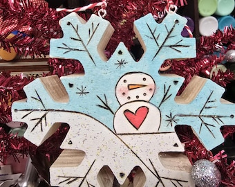 Chunky Wood Burned Snowflake & Snowman Ornament or Shelf Sitter Decor Red Heart