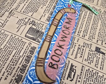Upcycled BLUE Bookworm Bookmark. Wood Burned on a vintage book cover. Great gift