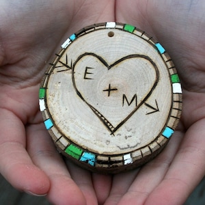 Personalized Valentine&#39;s Day or Wedding gift.  Customized Wood burned couples ornament. Add initials. Engagement
