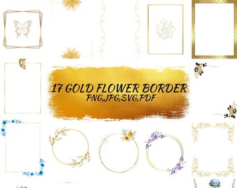 Gold Flower Border Clipart, Printable Wedding Invitation Frame (png, jpg, svg, pdf)