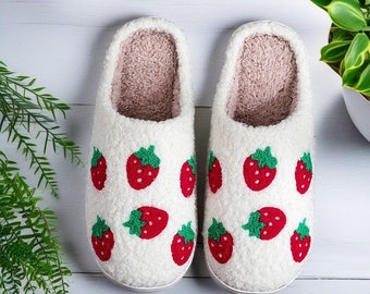 4 Different Fruit Slippers, Cozy Peach Slides with Rubber Sole, Cute, Funny House Slippers, Pineapple, Cherry,Strawberry Slippers for Women