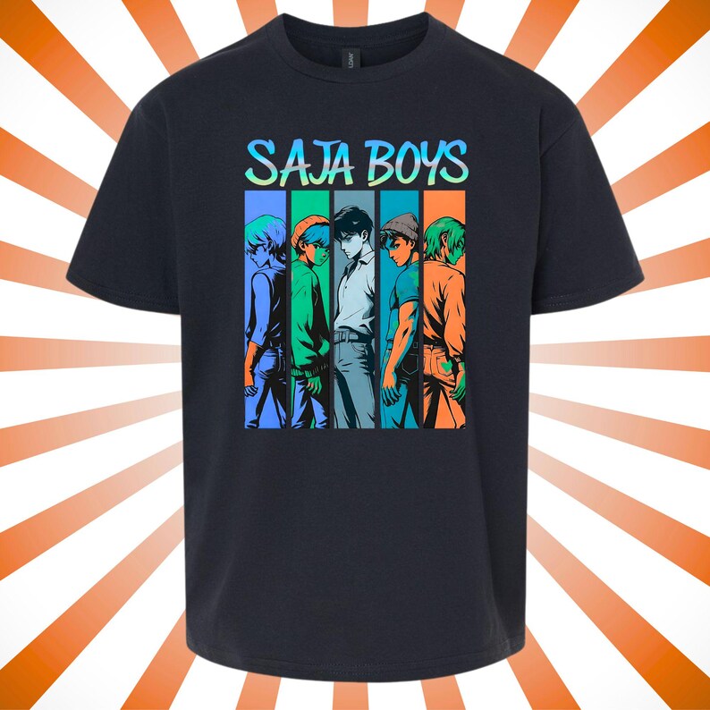 May include: Black t-shirt featuring the text "SAJA BOYS" in a colorful, gradient font. Below the text is a graphic of five anime-style figures in vertical color blocks of blue, green, and orange.