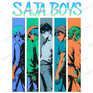 May include: An illustration featuring five stylized male figures in a vertical format, each in a different color panel. The figures are depicted from the side, with the text "SAJA BOYS" in a colorful font at the top.