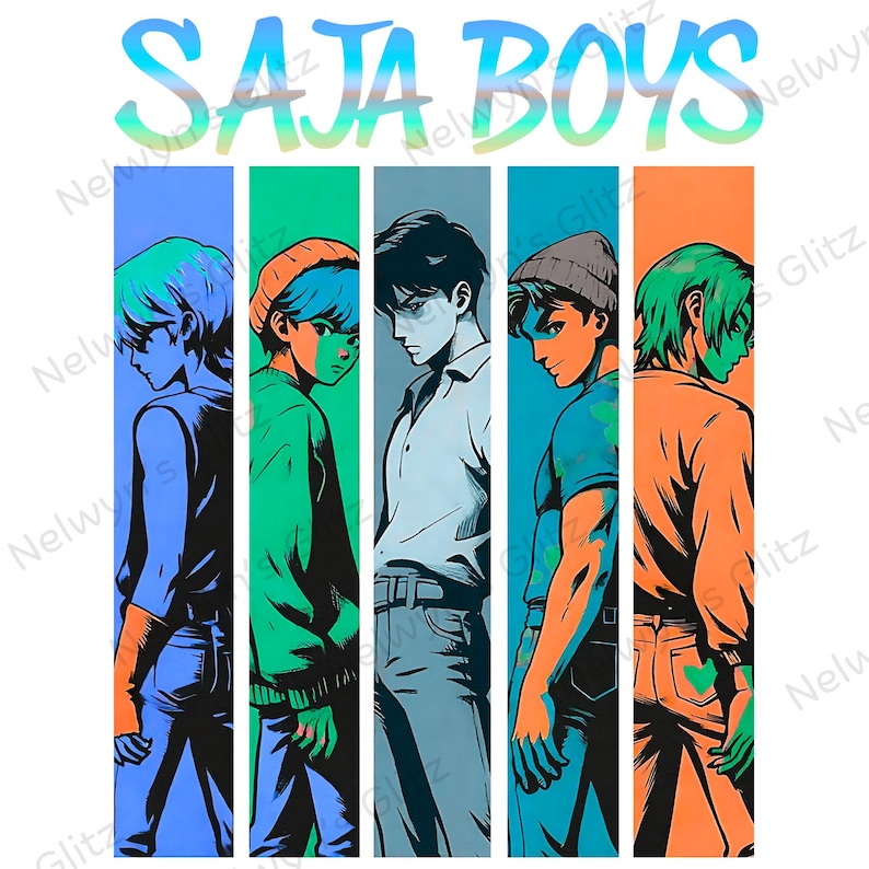 May include: An illustration featuring five stylized male figures in a vertical format, each in a different color panel. The figures are depicted from the side, with the text "SAJA BOYS" in a colorful font at the top.
