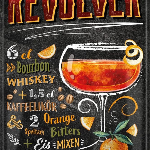 Blechschild Cocktail Rezept Revolver 20x30cm