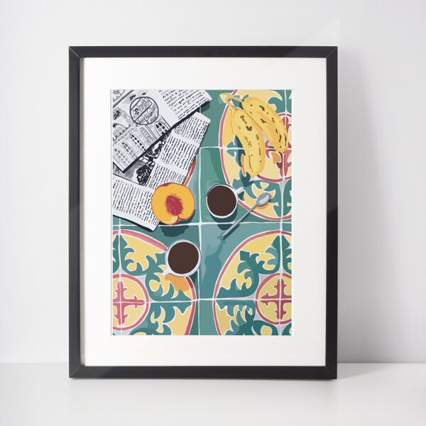 Morning Rituals: Coffee and Fresh Fruit on Tiled Table, Coffee Break Poster, Floral Housewarming Gift, Morning, A1/A2/A3/A4/A5
