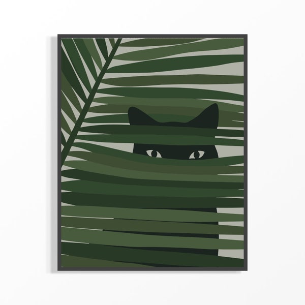 Black Cat Hidden in Jungle Leaves Art Print, Mysterious Feline Illustration, Tropical Greenery Wall Art, Modern Home Decor