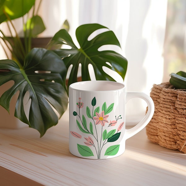 Mug Dessin Bouquet de Fleur - Minimaliste- Cadeau Nature Original - idée Cadeau Meilleure Amie Travail pour Anniversaire