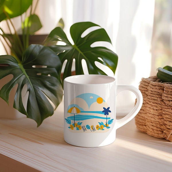 Taza Dessin Plage Bord de Mer - Minimaliste- Été- Cadeau Nature Original - idée Cadeau Meilleure Amie Travail pour Anniversaire