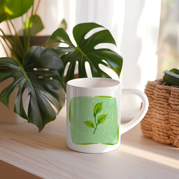 Mug Dessin - 3 feuilles de thé - Aquarelle Cadeau Original - idée Cadeau Meilleure Amie Travail pour Anniversaire