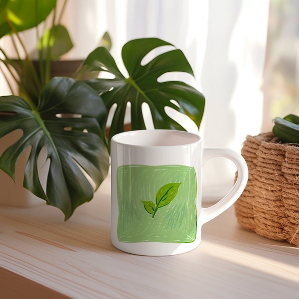 Mug Dessin - 2 feuilles de thé - Aquarelle Cadeau Original - idée Cadeau Meilleure Amie Travail pour Anniversaire