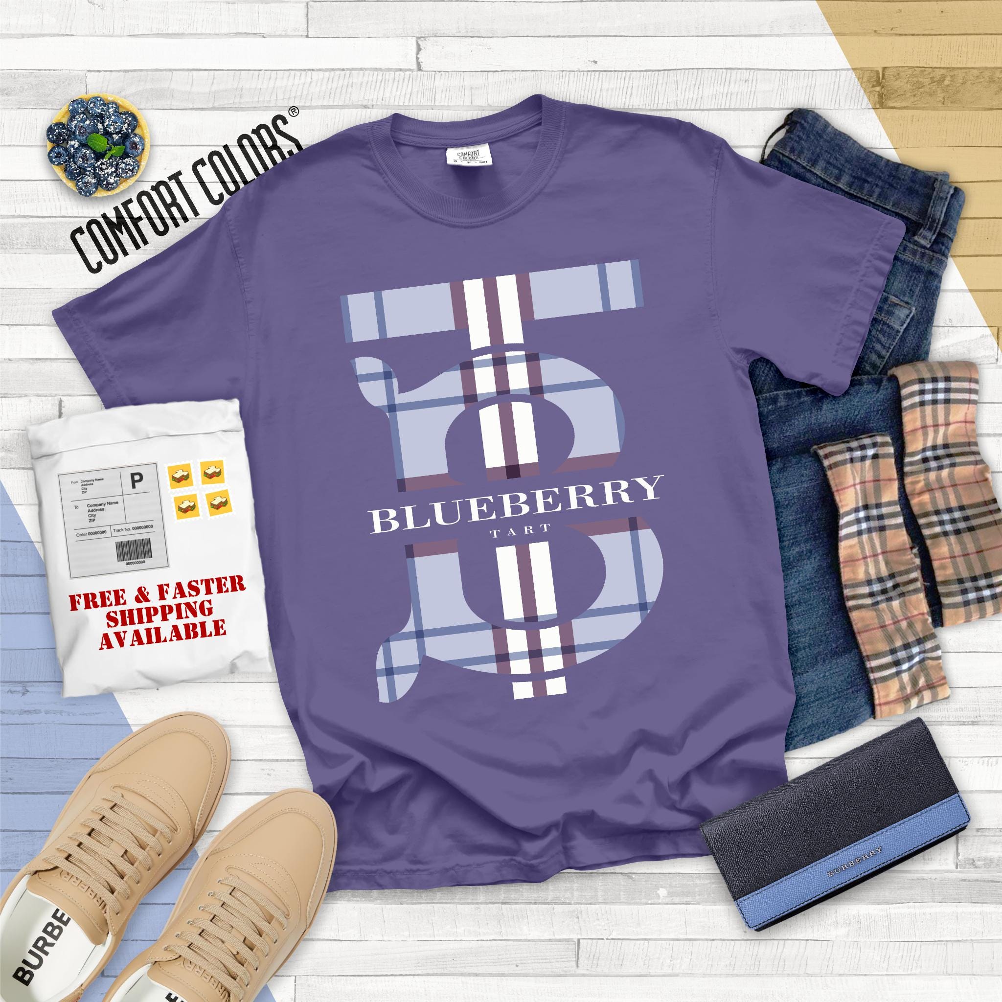 BLTStyleCo Blueberry Tart Shirt Comfort Colors Dessert Luxury Brand Logo Graphic Tee Foodie Fashionista Tshirt Stylish Top Gift Idea for Pastry Lover