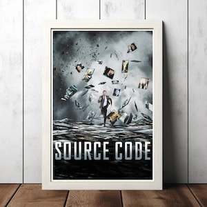 May include: A movie poster for the film "Source Code" featuring a man in a suit running through a dark, stormy sky with falling images of people and objects. The title "Source Code" is written in large, white letters at the bottom of the poster.