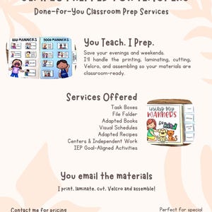 May include: A promotional flyer for "Simply Prepped for Teachers," offering done-for-you classroom prep services. The flyer includes text and images showcasing services like task boxes, adapted books, and visual schedules. Contact information is provided.