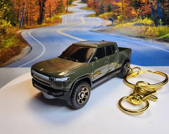 Rivian R1T truck custom diecast metal Keychain Green special day gift Gold trim matchbox husband boyfriend wife girlfriend anniversary