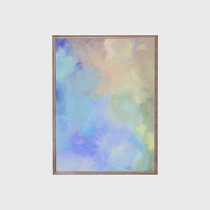 May include: Abstract painting in a wooden frame with a blue, green, and yellow color scheme. The painting has a watercolor-like texture.